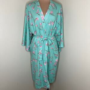 Garnet Hill Kimono Robe w Pockets Large Womens Blue Floral Belted Organic Cotton